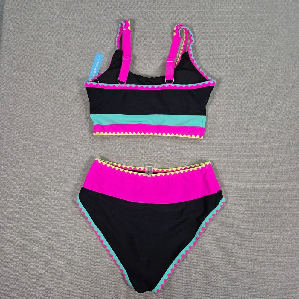 Popvil Womens 3 Piece Bikini Swim Skirt Set Black Pink Colorblock Ric Rac Size S